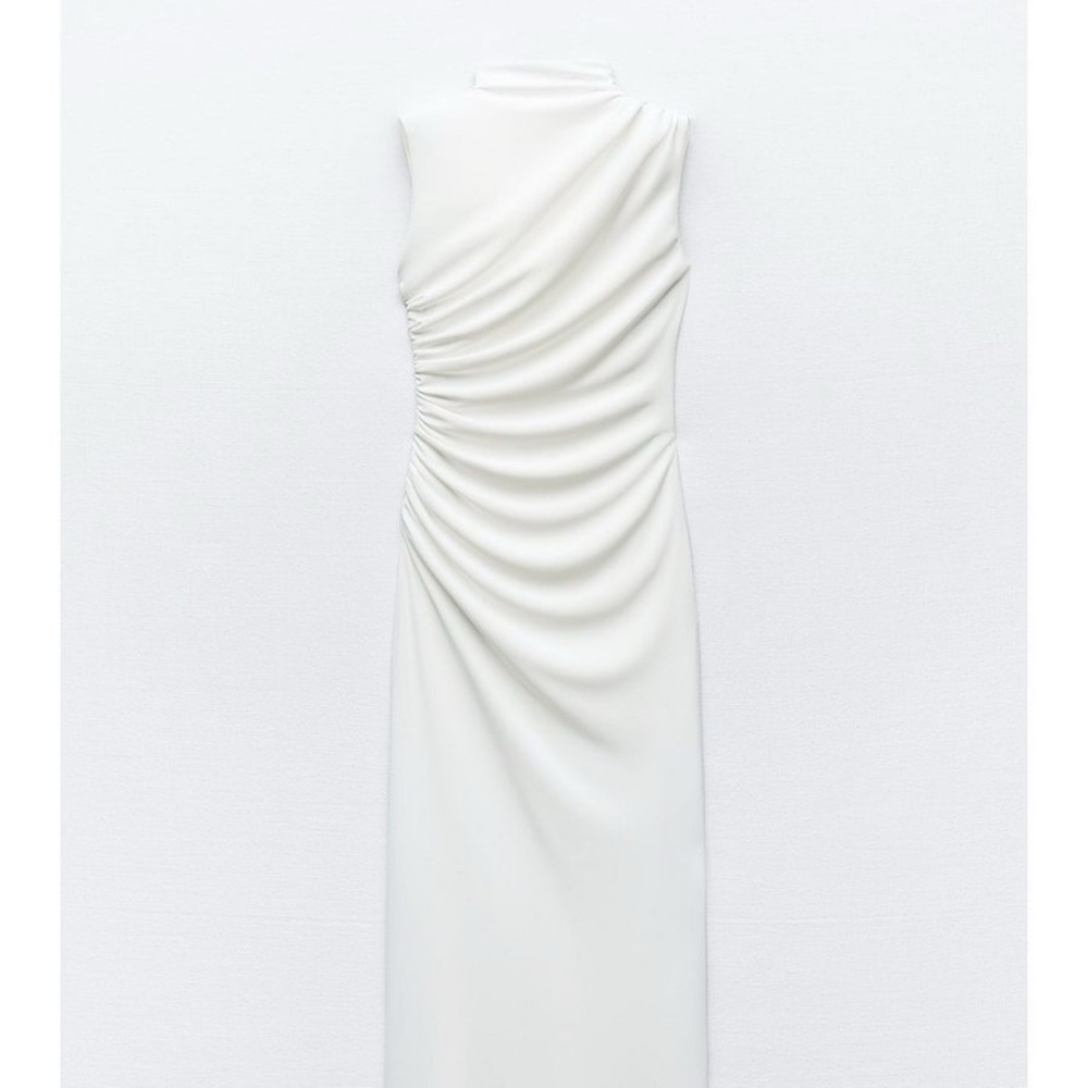 Zara White Ruched Sleeveless Dress